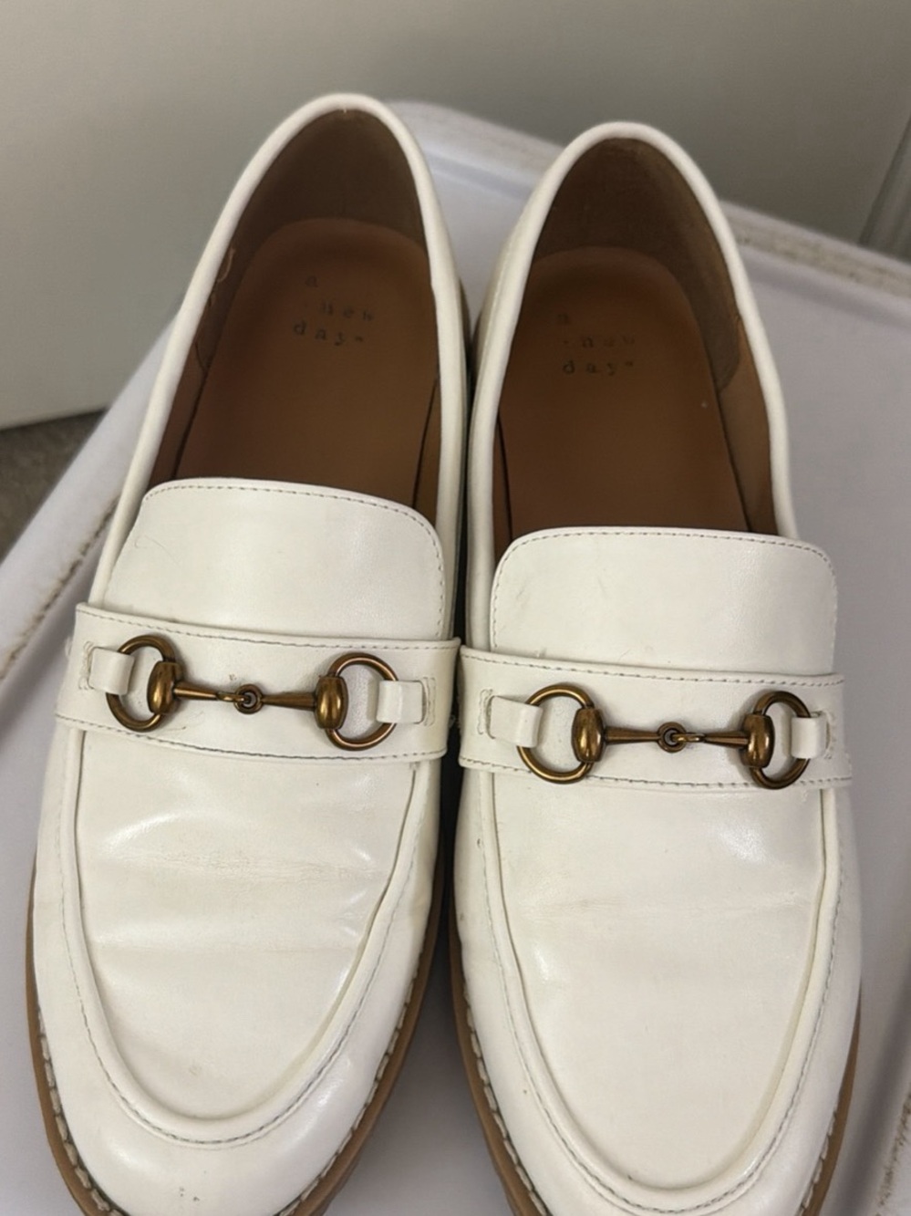 a new day White Leather Loafers with Gold Horsebit
